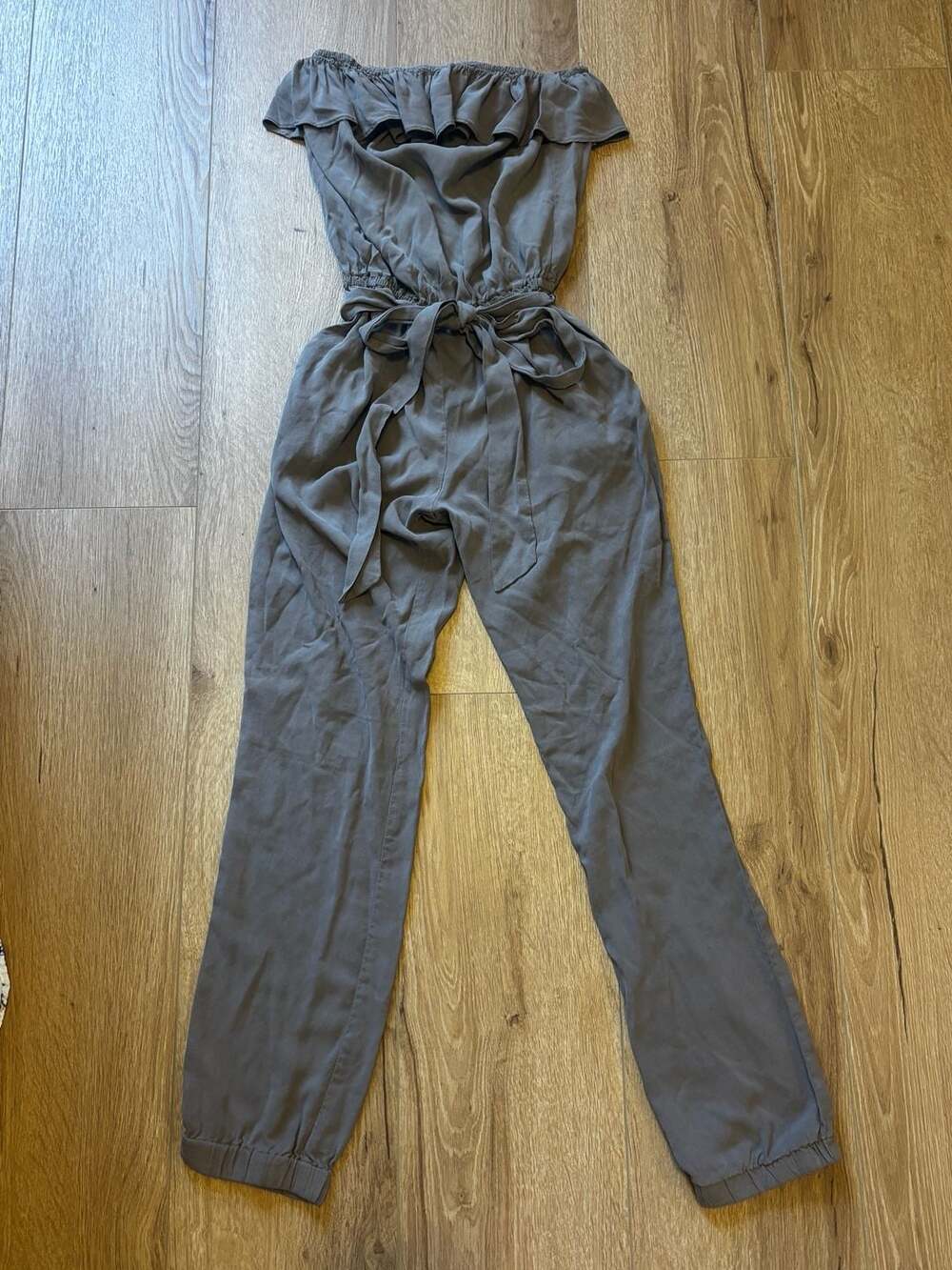 GUESS Los Angeles 100% Silk Off-the-Shoulder Ruffle Jumpsuit with Waist Tie